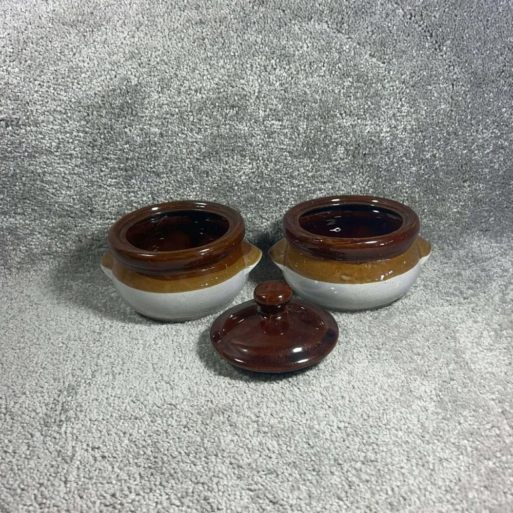 Bean Pot Brown Tan Cream Stoneware Mini Crocks Set of 2 with 1 Lid